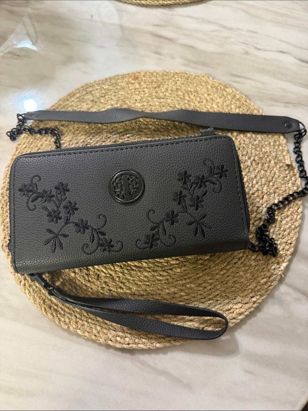 Black Floral Embossed Crossbody Wallet